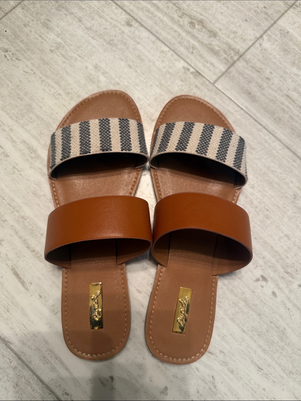 Women's Two-Band Tan Slide Sandals with Black & White Striped Accent
